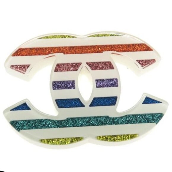 CHANEL CC Logo Rainbow Multicolor Lame Brooch Gold Tone D19C Pin Auth - Picture 1 of 10
